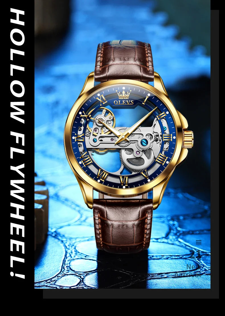 OLEVS Couple Watches Original Fully Transparent Skeleton Automatic Mechanical Watches For Men Women Lover's Gift Luxury Watches