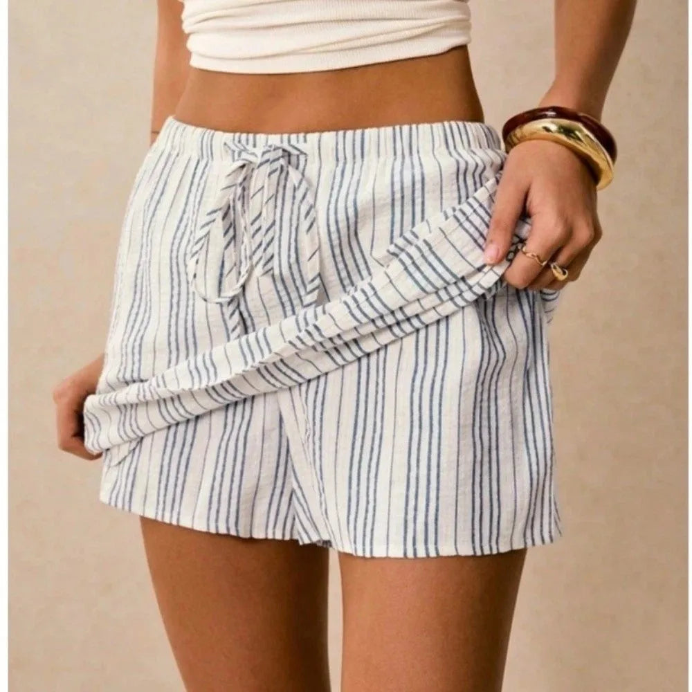 Fashion Drawstring Mini Shorts Skirt Loose Fit Striped Print Skorts Women High Waist Pocket Design Pajama Pants Casual Wear