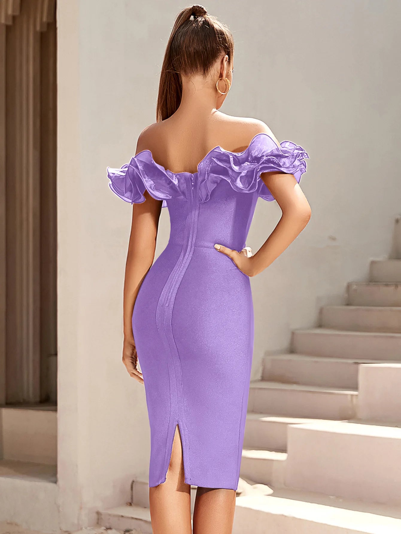 Women's Off Shoulder Bandage Midi Dress Luxury Design Ruffled  Elegant Black Sleeveless Ruffled Sexy Club Party Evening Dresses