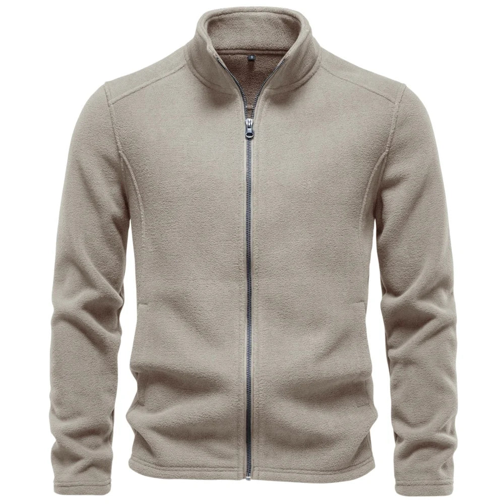 AIOPESON Men's Fleece Jacket Full Zip Stand Collar Solid Color Polar Fleece Outerwear Autumn Winter Outdoor Casual Light Coat