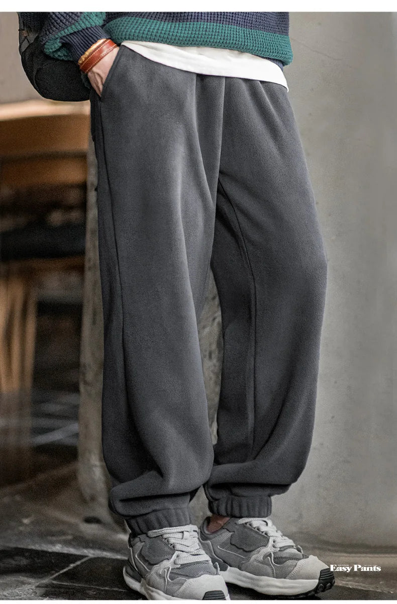 Maden Men's Casual Polar Fleece Cuffed Sweatpants Solid Color Elastic Waist Fleece-lined Pants Warm Sports Straight-leg Trousers