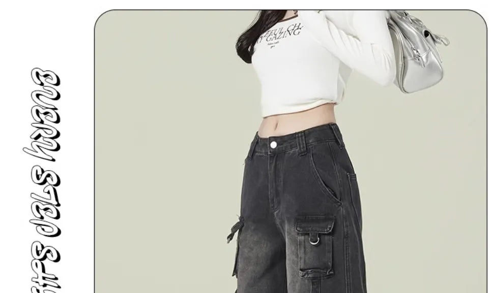 Black Gray Multi Pocket Cargo Jeans Women's Y2K Gothic Baggy Harajuku Oversize Denim Trousers Washed Straight Leg Wide Leg Pants