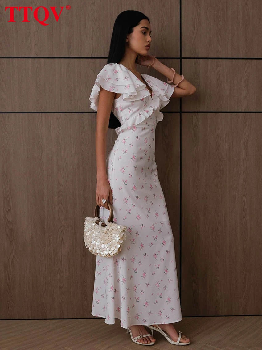TTQV Sexy Loose Print Women's Dress 2026 Summer V-Neck Short Sleeve Ankle Length Dresses Elegant Classic Ruffles Female Dress