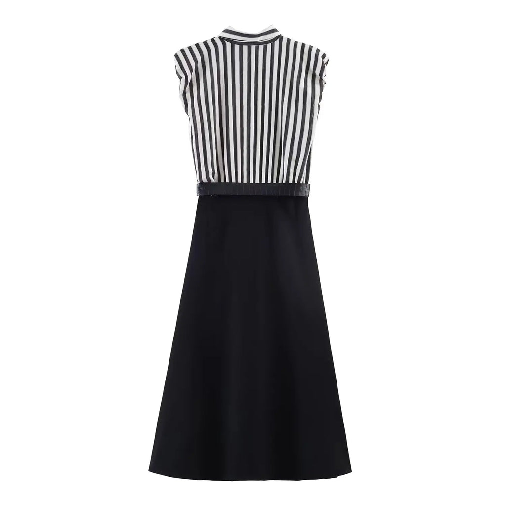KONDALA Chic Striped Patchwork Modern Woman Belt Long Dress Buttons Spring Fashion 2026 Dress Elegant Sleeveless Female Vestidos