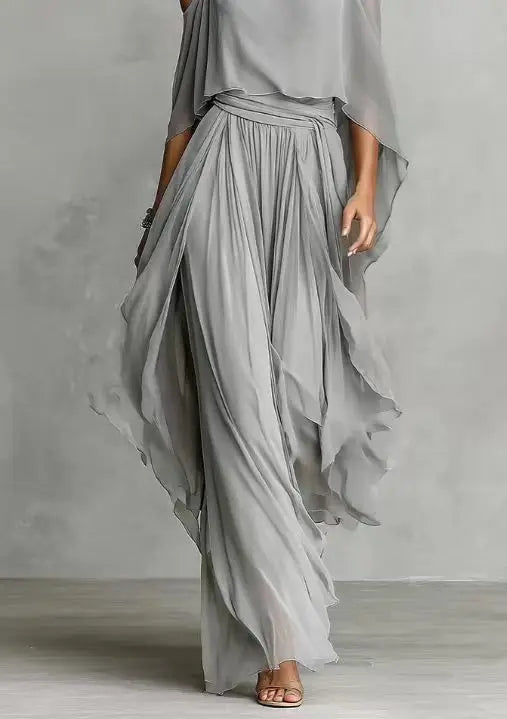 Solid Color Chiffon Two Piece Set Women Casual Off Shoulder Top & Long wide leg pants Set Ladies Elegant Party Suits Outfits