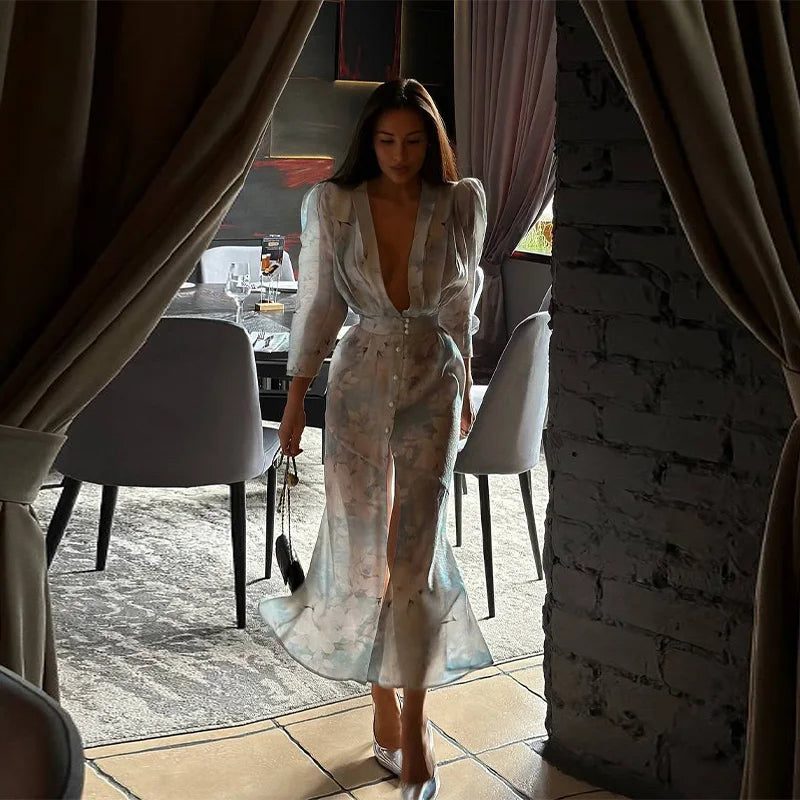 Fashion Printed Deep V Neck Women Slim Dresses Chic Long Sleeve High Waist Dress Summer New Beach Party Lady High Split Vestidos