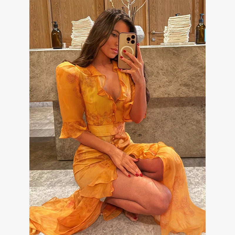Women Floral Print Short Sleeve Maxi Dress Fashion V-neck Ruffle Trim Belted Slit Hem Dresses Casual Lady Daily Vacation Gowns