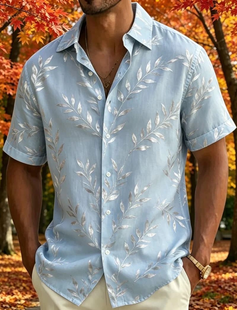 Men's Leaf Print Tropical Short Sleeved shirt, Suitable For Summer wear, Casual activities, And Versatile Natural Style
