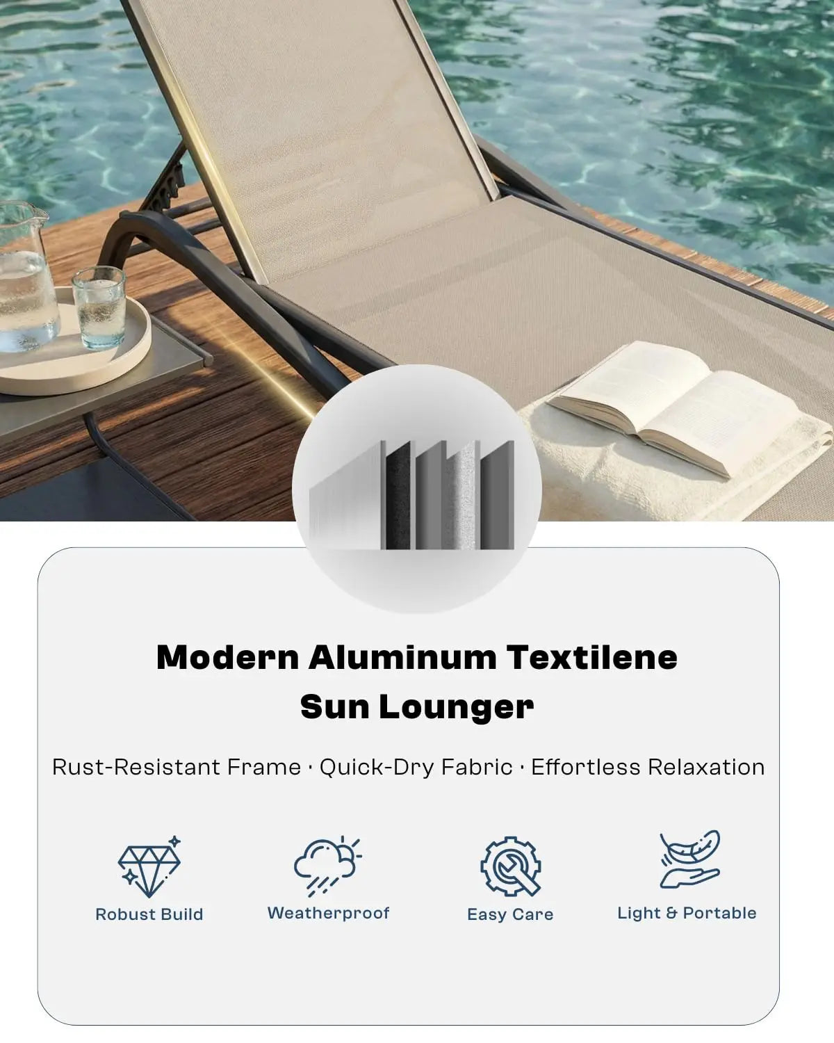 Adjustable Patio Chaise Lounge Outdoor Textilene Sun Bed for Pool Deck Rust-Proof Aluminum Frame, Custom