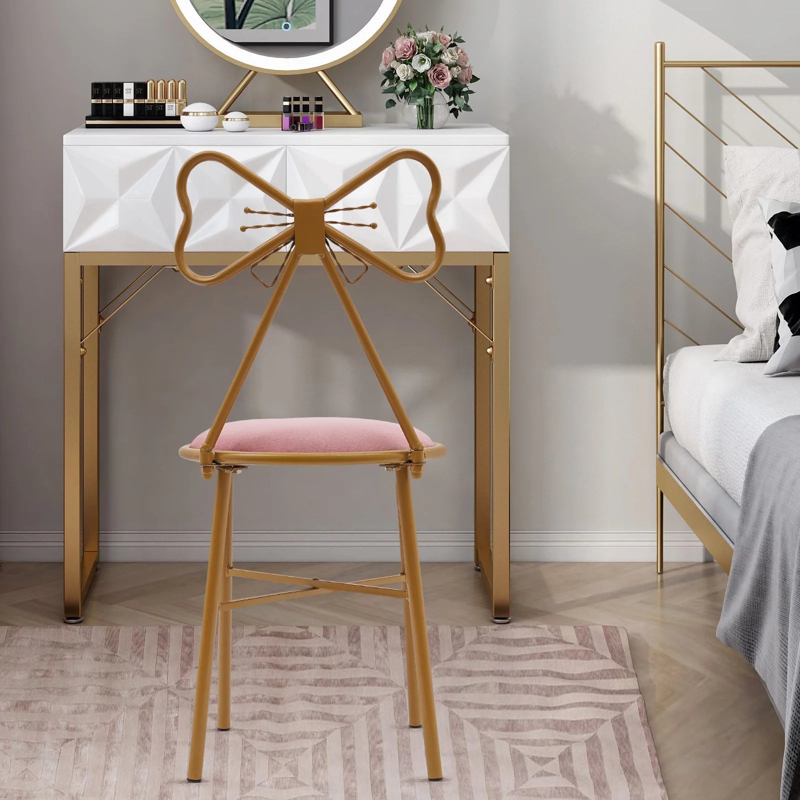 Butterfly Bow Tie Vanity Chair Modern Vanity Stool Velvet Cushion Makeup Chair Metal Frame Butterfly Backrest Chair Dining Chair