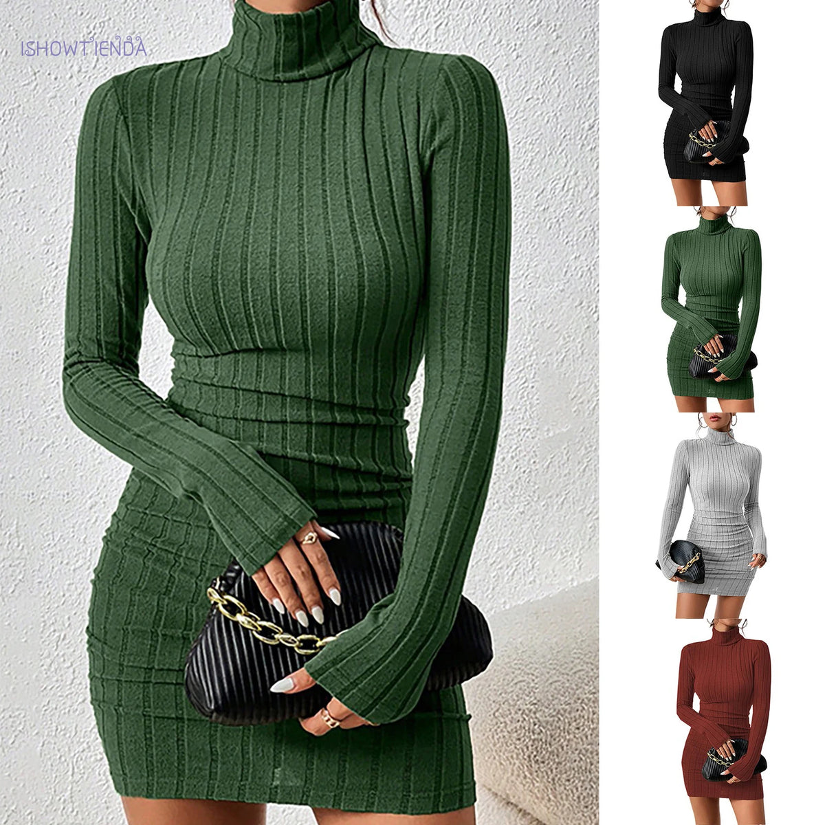Knitted Bottoming Dress Women Elegant Party Autumn Winter Turtleneck Long Sleeves Sexy Sheath Mini Dresses Bodycon Club Dress
