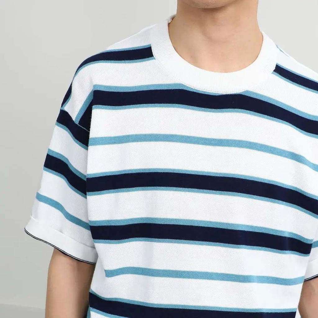 Retro American Casual Short-sleeved T-shirt for Men Round Neck Short-sleeved T-shirt Base Shirt for Summer New Stripes for Men