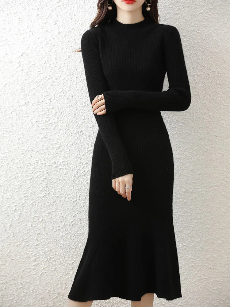 Cashmere Sweater Women's Knitted Dresses 100% Merino Wool O-Neck Elegant Party Dress Autumn Winter Female Pullover Casual Skirts