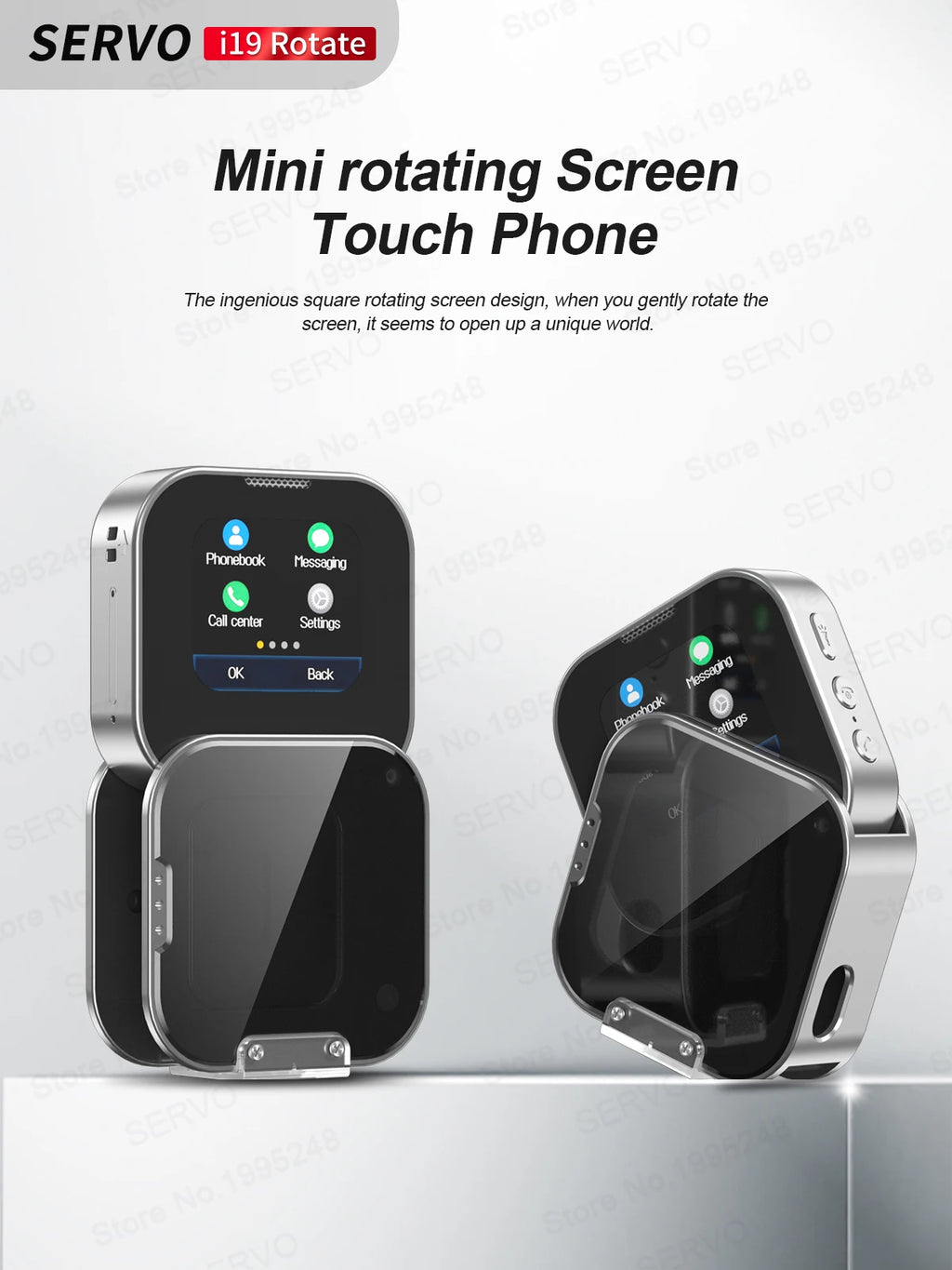 SERVO I19 Rotate Small Box Touch Mobile Phone 2SIM Standby Magic Voice Bluetooth Sync Music Torch Mini Rotation Cellphone Type-C