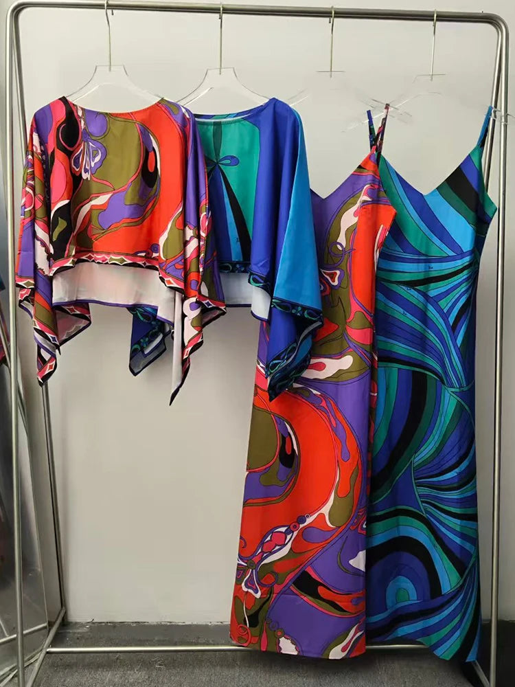 2026 Summer Women's Clothing Retro Geometric Print Loose Short Pullover Two-piece Set + Long Sexy Suspender Dress Fashion Suit