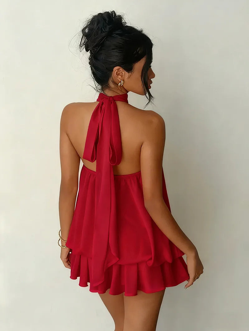 Women Halter Neck Backless Tie Mini Dress Summer Sleeveless Chiffon Ruffle Short Dresses Sexy Club Party Beach Vacation Outfit