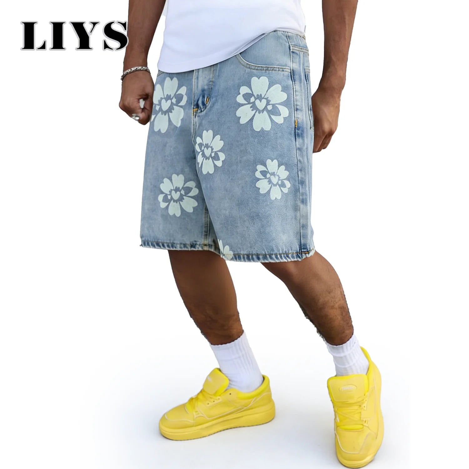 LIYS Fresh Delicate Style Flower Print Fashionable Wide Leg Men's Jeans Y2K Casual Elegant Bermuda Denim Shorts Couple Pants