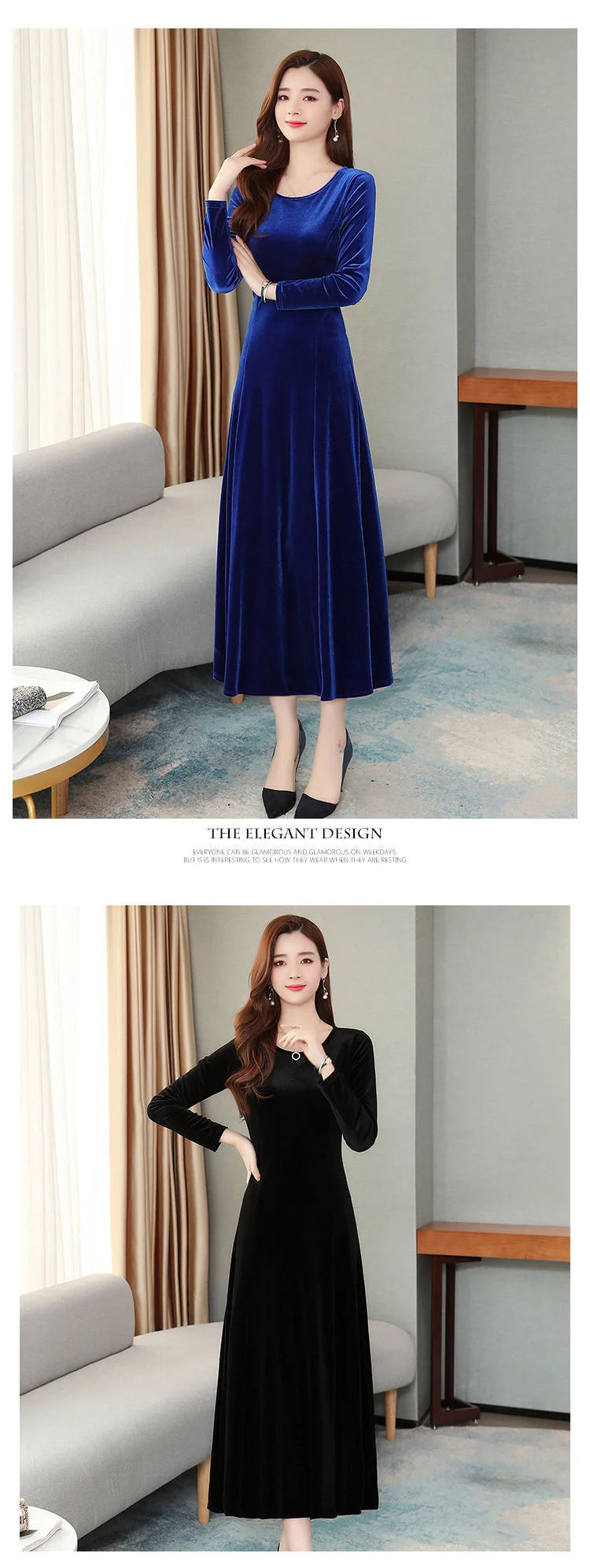 Elegant Long Velvet Dress Women's Autumn Winter New Style Knee-Length A-Line Skirt Polyester Fabric Regular Sleeve round Neck