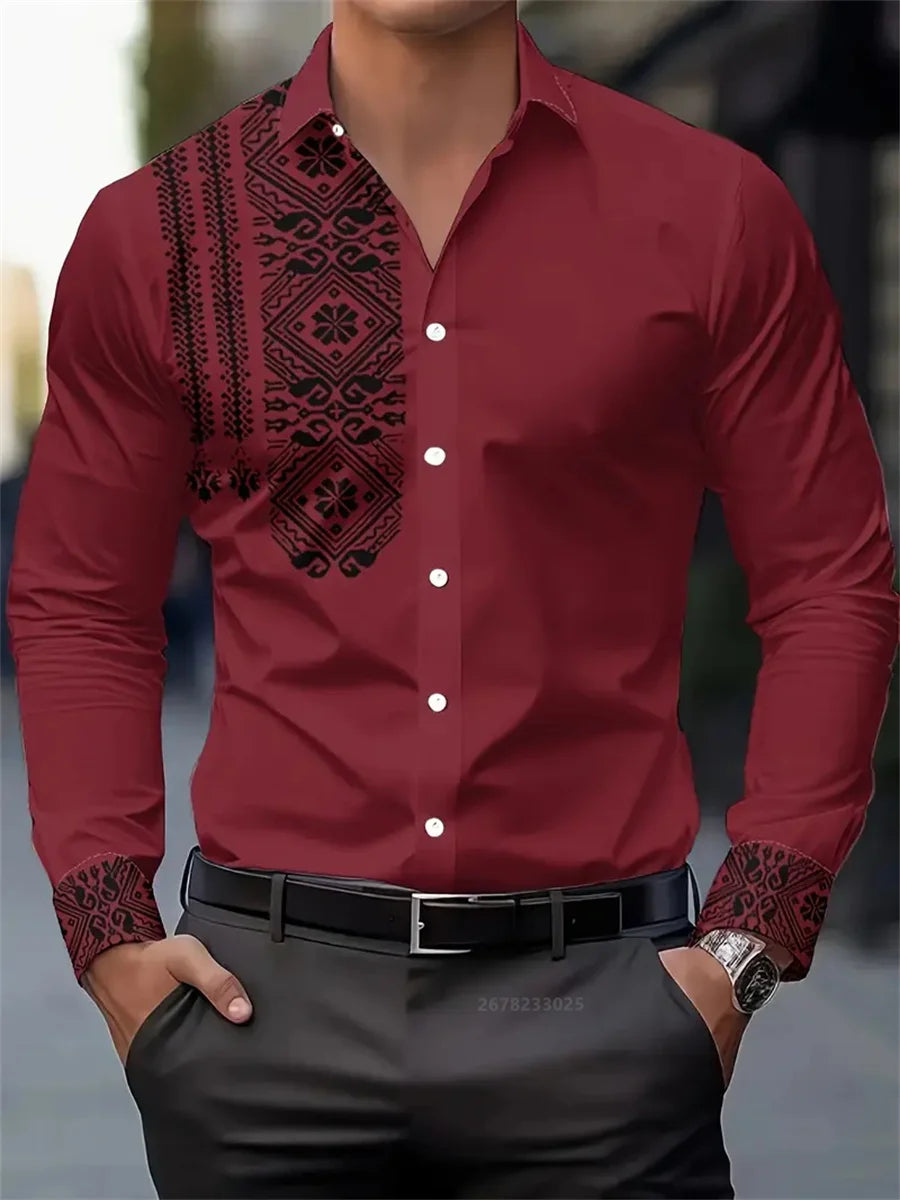 Men's shirt 3D printing retro ethnic style long-sleeved casual shirt high quality fashion lapel versatile top xs-6XL size