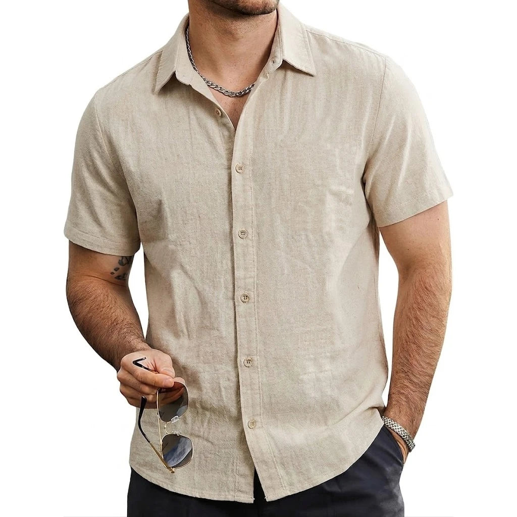 Summer Cotton Linen Shirts Men Short Sleeve T-Shirts Solid Color Button Tshirts Casual Beach Plus Size Hawaiian Shirt Thin Tops