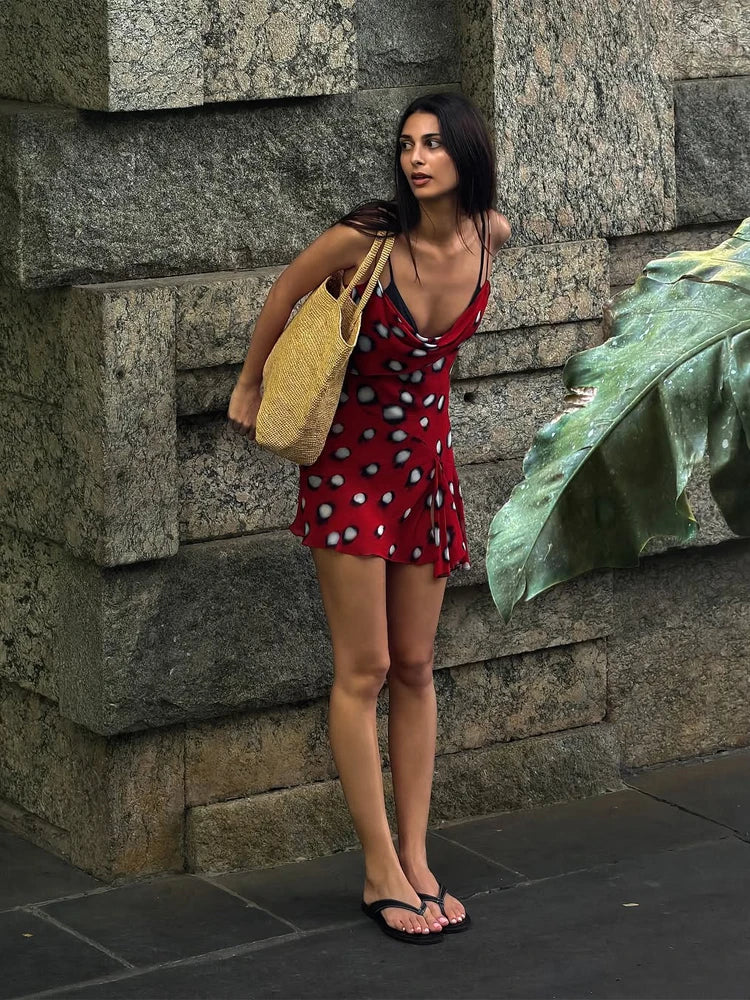 Red Polka Dot Print Draped Neckline Mini Dresses Women's Waist Cinching Split Short Sling Dress 2026 New Chic Party holiday Robe