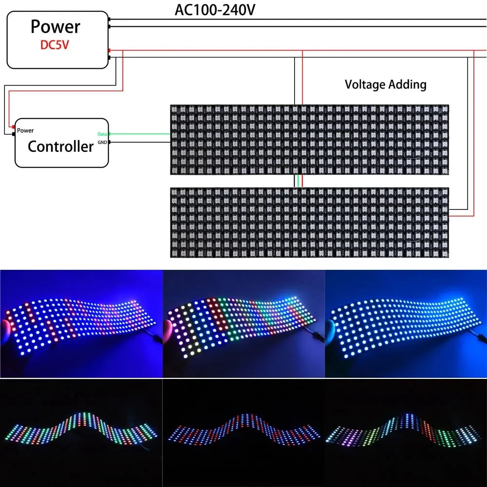 4x12 8x8 16x16 8x32 WS2812 RGBIC Led Digital Matrix Panel Lights WS2812 Flexible Addressable Spliceable Pixel Module Screen DC5V