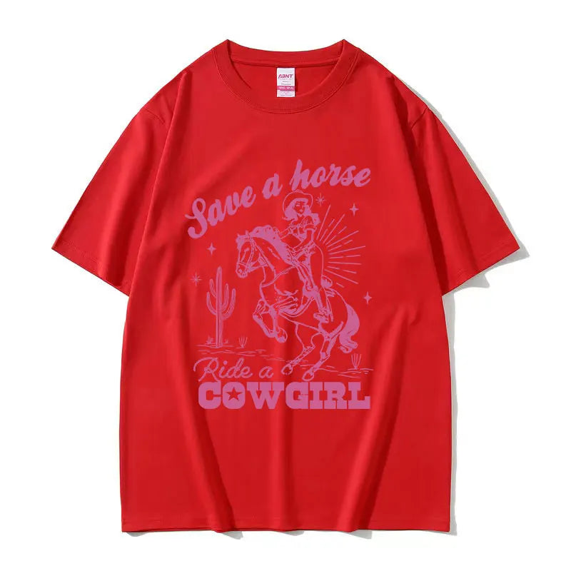 Save A Horse Ride A Cowgirl Print T Shirt Men Women Retro Aesthetic Fashion T-shirts Casual Oversized Cotton T-shirt Streetwear