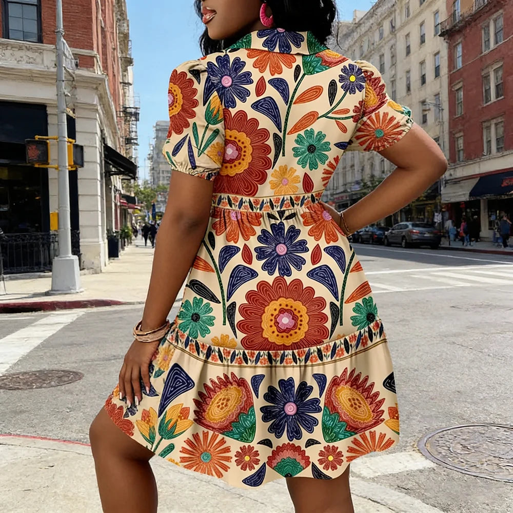 2026 Women's Summer Princess-Sleeve Ethnic Geometric Floral Print Shirt Dress Vintage Ruffle Hem A-Line Mini Party Dresses