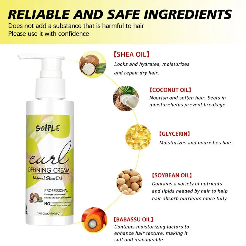 100ml Curl Defining Cream Natural Curls Shiny Elasticity Cream for Hair Moisturizing Anti-frizz Shap Mousse with 9row Brush 3pcs