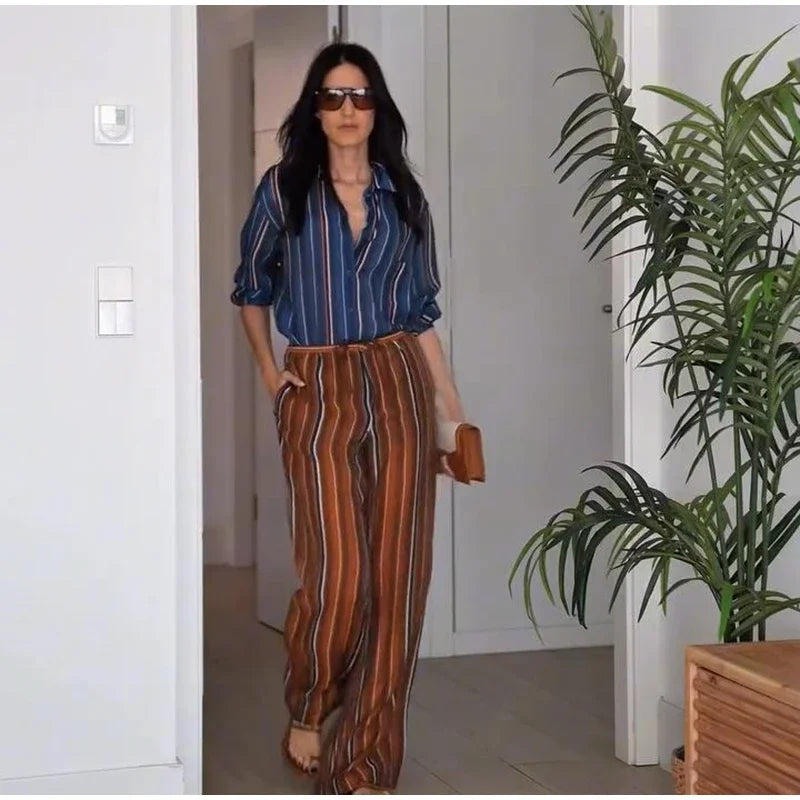 Vacation Geometric Printed Loose Pants Set Women Lapel Full Sleeve Pocket Shirts Wide Leg Pant Suits 2026 Autumn Street Outfit