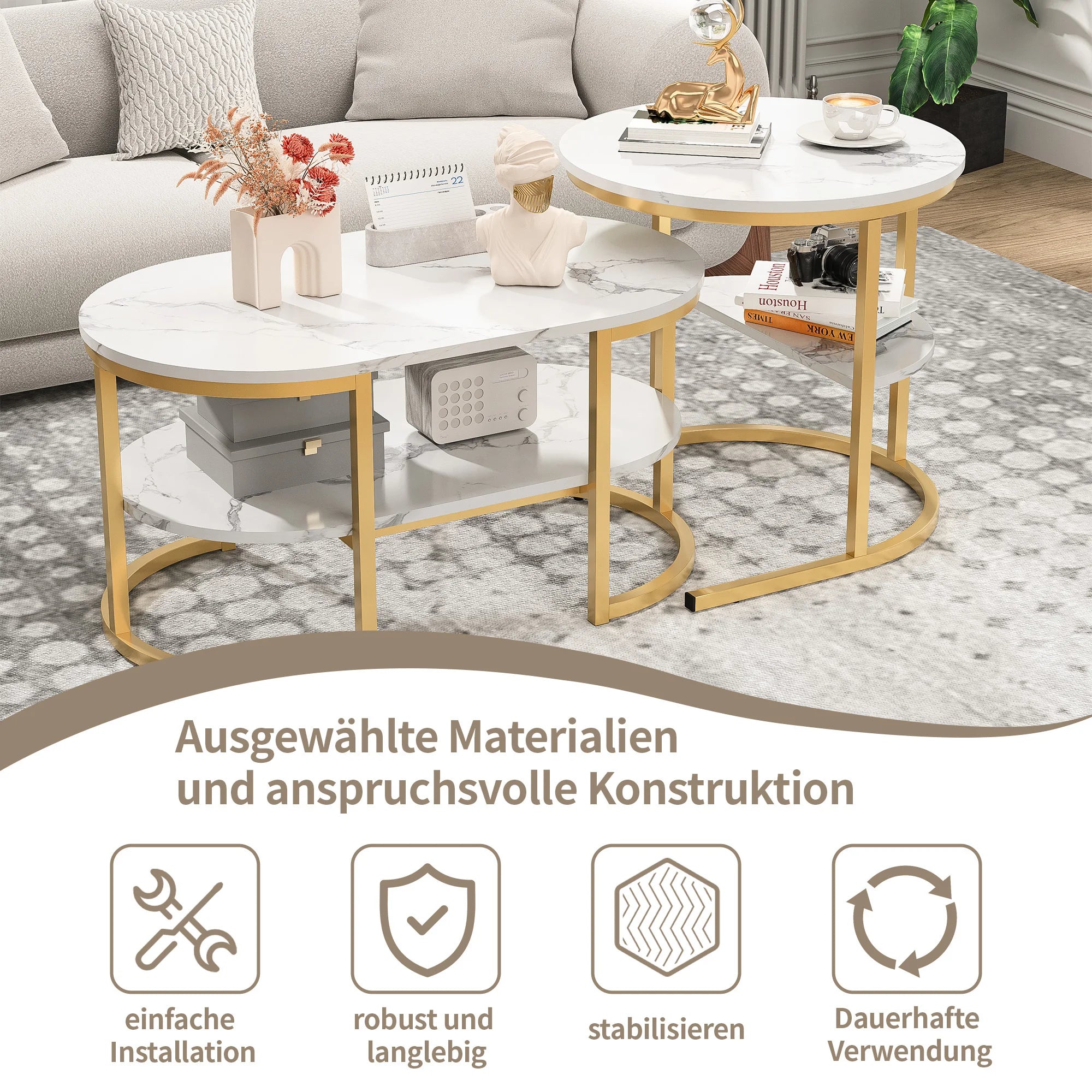Creahappy - Set of 2 Modern Coffee Table, Stackable Elegant Coffee Table with Storage, Modern Living Room Furniture