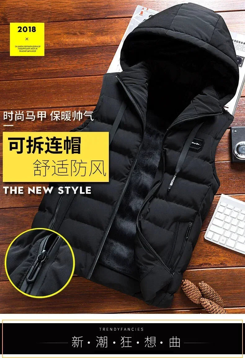 Fashion Warm Hooded Male Winter Vest Light Plus Size Mens Work Vest Waistcoat Hooded New Fleece Autumn Sleeveless Jacket for Men