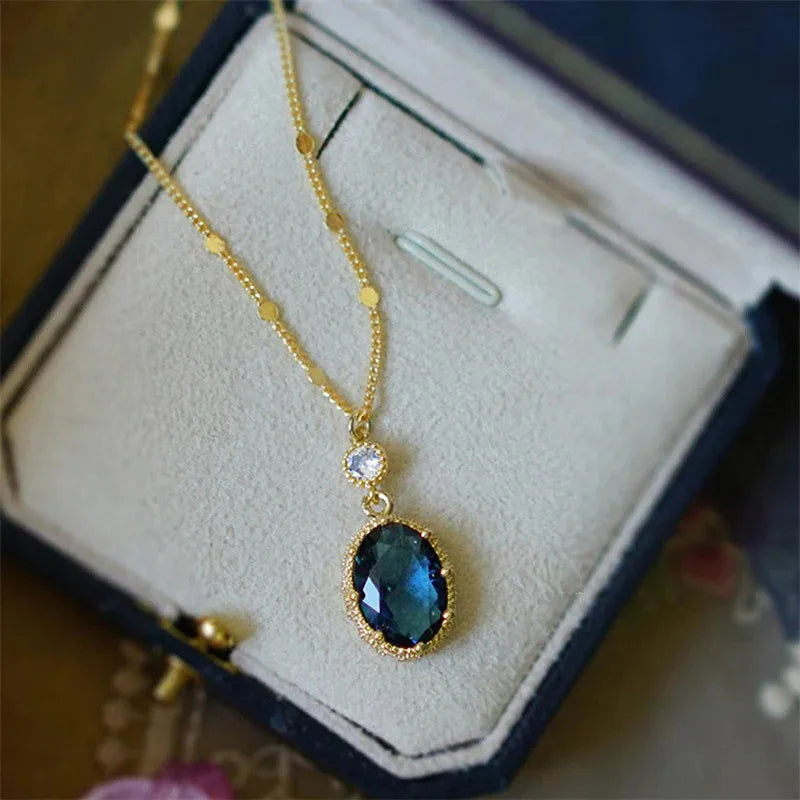 925 Sterling Silver Oval Blue Stone Pendant Necklace Gorgeous Wedding Bridal Accessories Gift Fashion Jewelry for Women