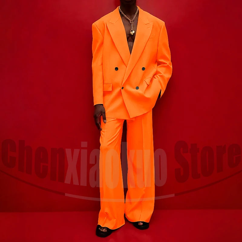 Men's Double Breasted Suit Set Oversized Blazer and Wide-Leg Trousers Fashion Casual Formal Outfits for Streetwear Party