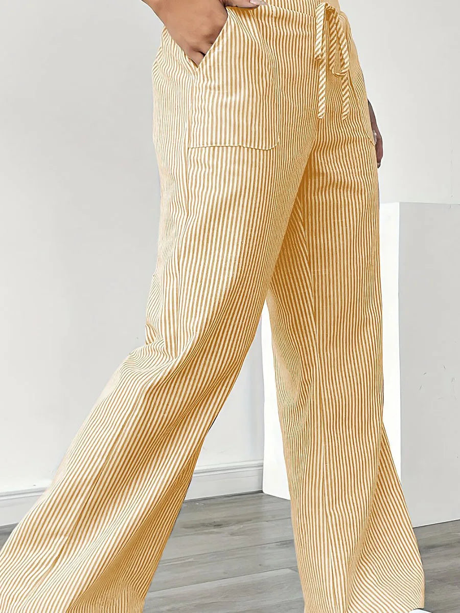 American Style Retro Vertical Stripe Drawstring Wide Leg Pants High Waist Dipping Loose Straight Casual Pants