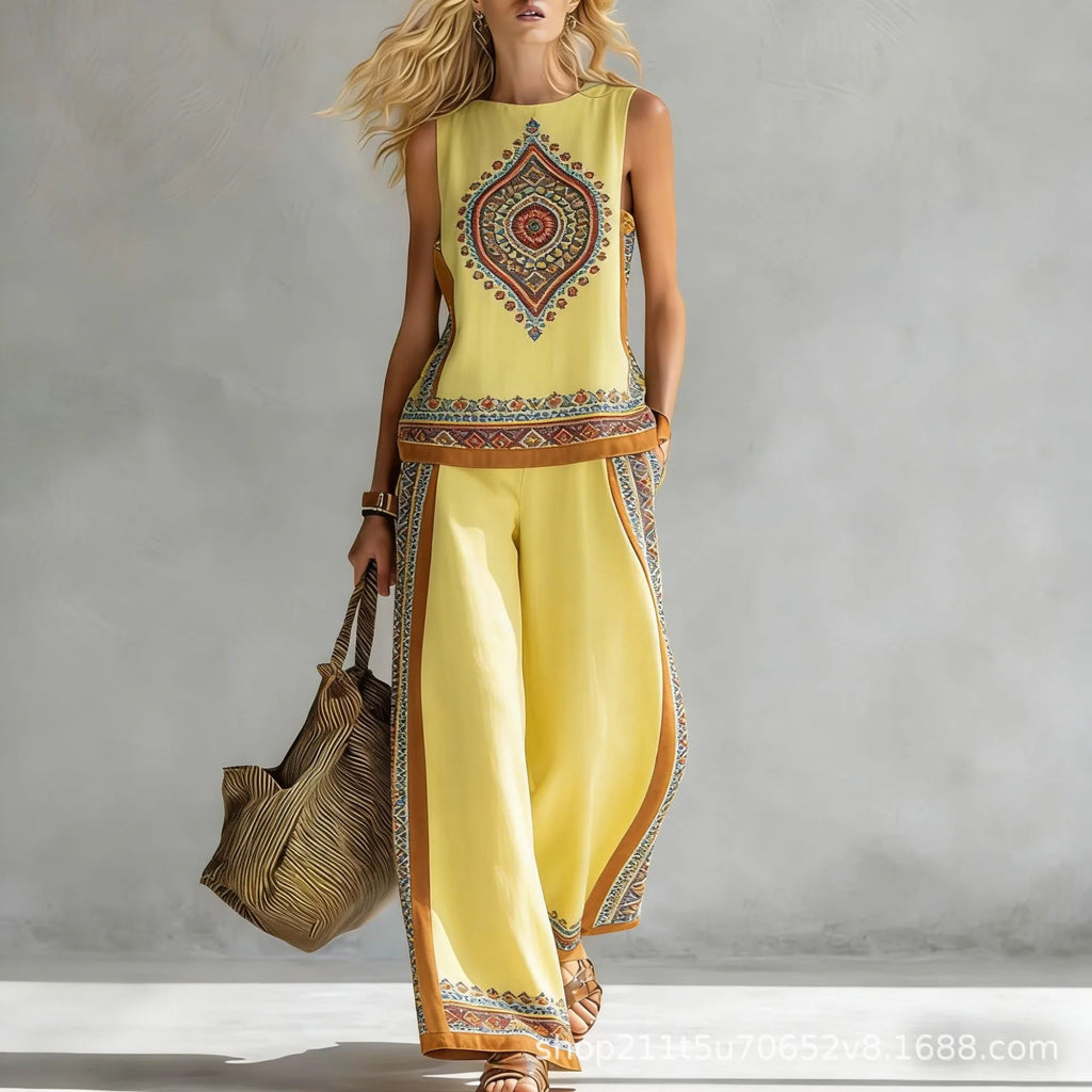 Fashion Retro Printed Sleeveless Tops Trousers 2-piece Set Women's Summer Casual Vest Loose Wide Leg Trousers Female Suit Pocket
