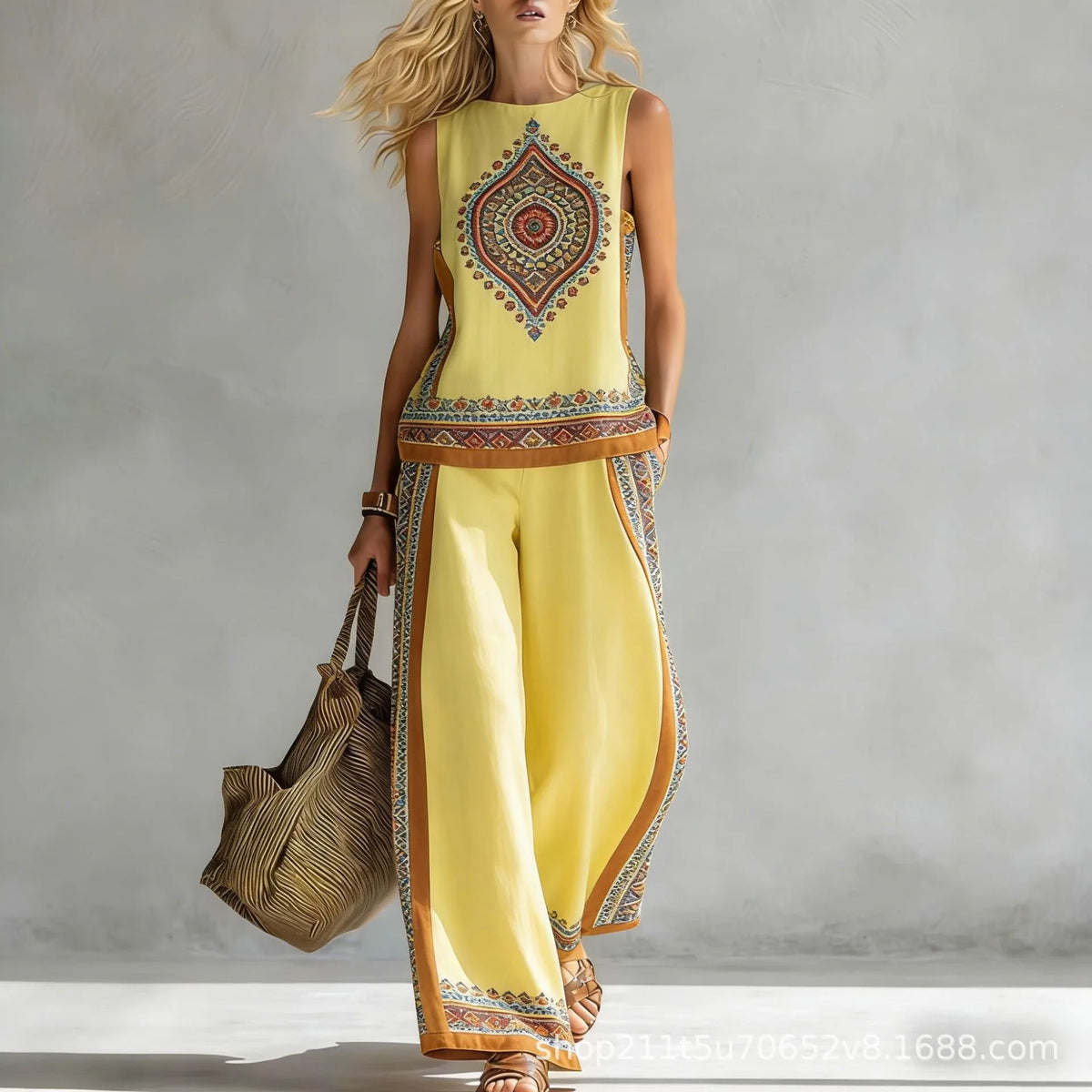 Fashion Retro Printed Sleeveless Tops Trousers 2-piece Set Women's Summer Casual Vest Loose Wide Leg Trousers Female Suit Pocket