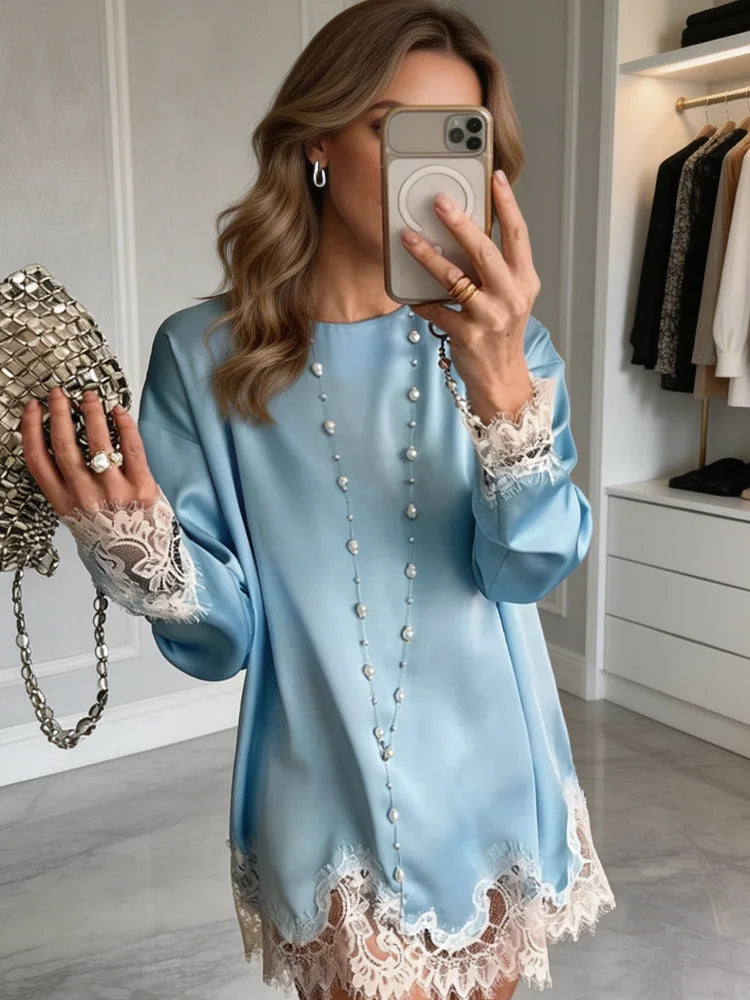Satin Lace Patchwork Dress Women Long Sleeve O-neck Casual 2026 Spring Female Dresses Casual Solid Beach Robe not contain pearls
