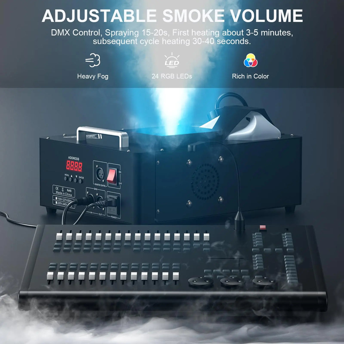 1500W LED Fog Machine 24LED Remote Control Vertical Smoke Machine with RGB Disco Dj Stage Light for Wedding Night Club Party