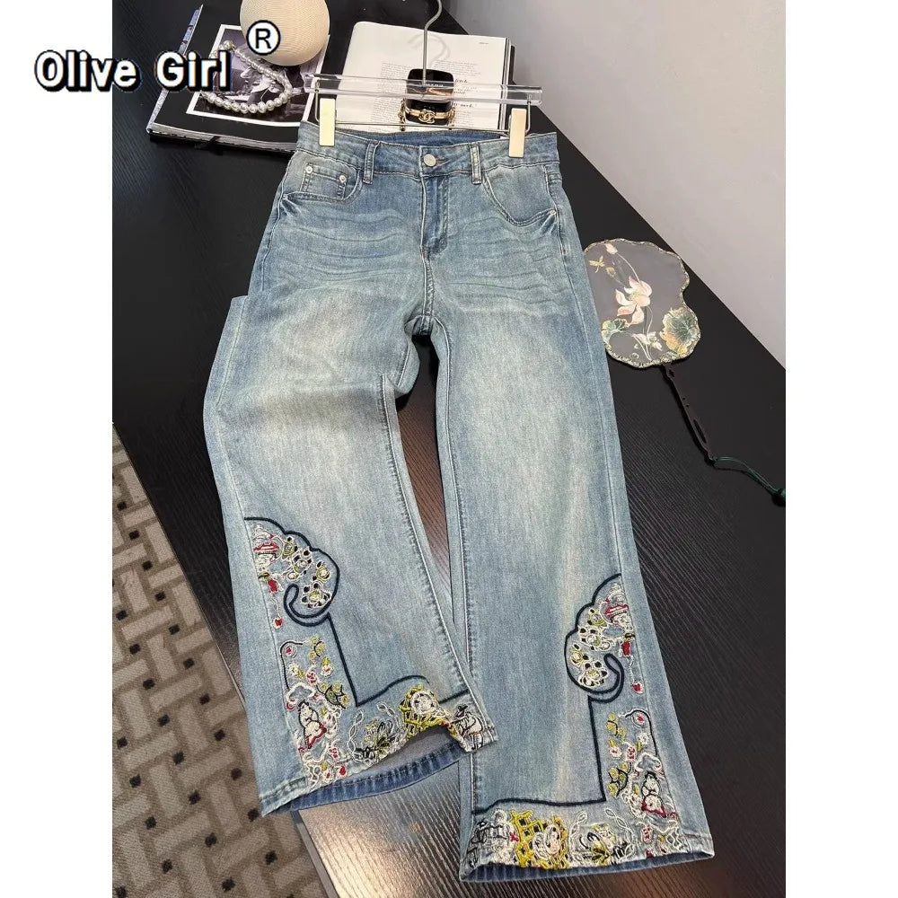 Jeans Casual Embroidered Wide Leg Jean Women's Pant Clothing 2026 Spring Trouser Summer High Waisted Elegant High-end