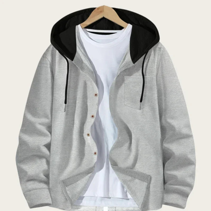 Korean Waffle Hooded Cardigans for Men Spring Autumn Contrast Color Single Breasted Hoodies Breathable Casual Lightweight Jacket