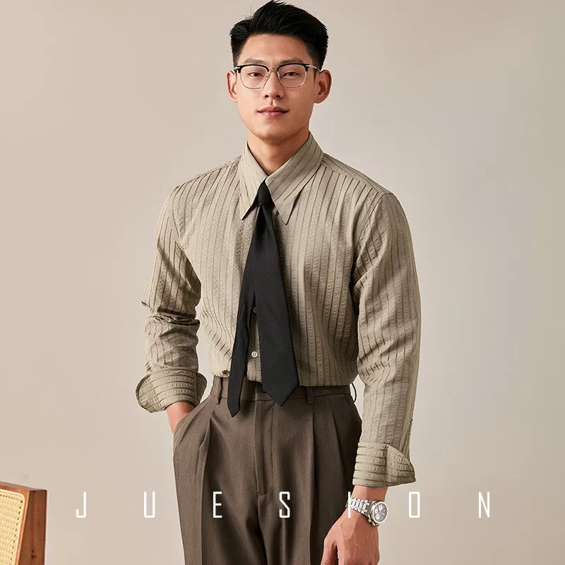 Anti-wrinkle Tianshan Cotton Italian Long Point Collar White Striped Shirt Men's Long Sleeve Casual Business Shirt