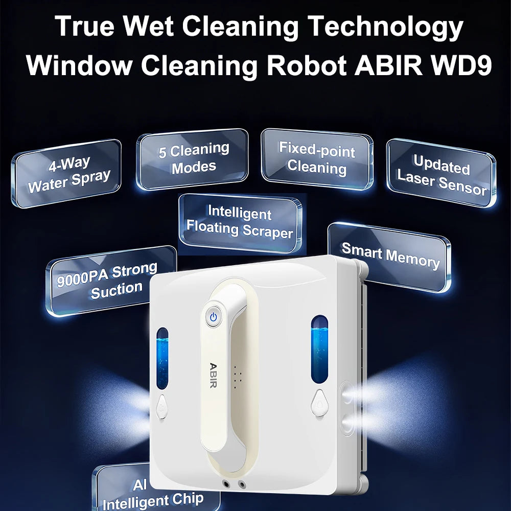 Robot Window Vacuum Cleaner ABIR WD9,4-Way Water Spray, Laser Sensor,9000PA Suction, Low Nosise,Wet Dry Scrape & Wipe in One
