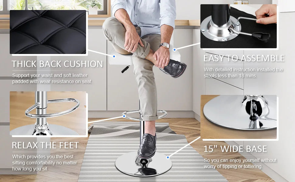Kitchen double bar stool set, PU leather rotating adjustable tabletop height rotating stool, square backrest, 2 pieces
