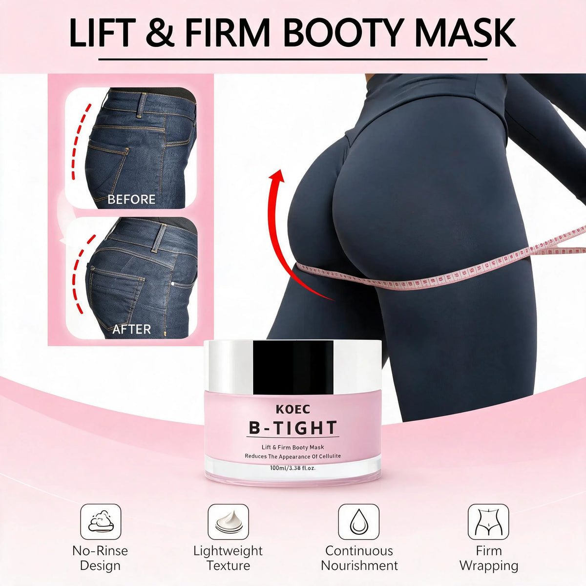 B-TIGHT Lift & Firm Booty Mask, Butt & Thighs Firming Cream with Caffeine & Brazilian Peppertree Extract, Helps Smooth Skin Texture, Body Skincare, Ideal Birthday Beauty Gift for Women