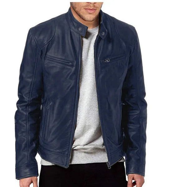 Winter Stand Collar Zip-Up Pocket PU Leather Jacket Men's Slim Business Casual