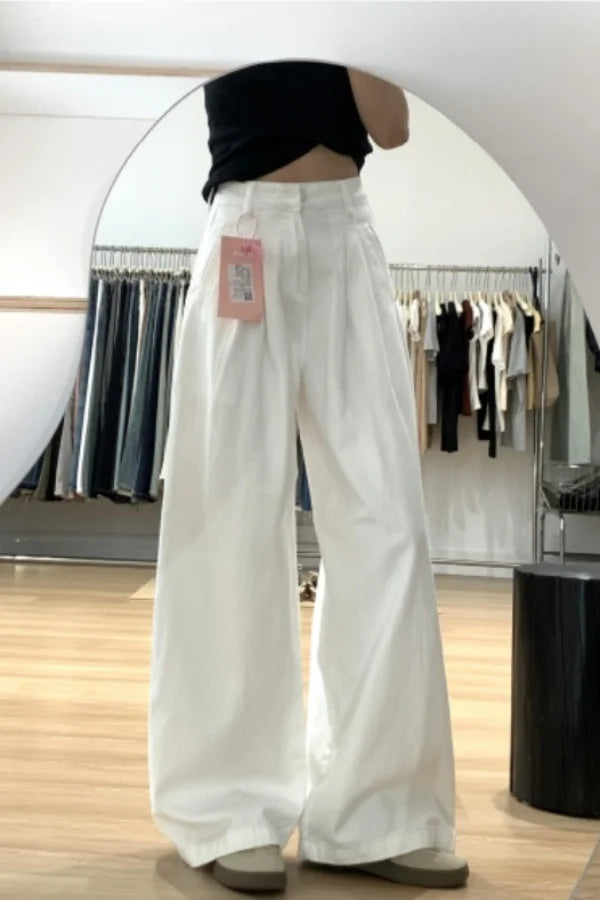 New Simple Basic Slim Women Jeans Casual Loose Fashion Street Woman Jeans Autumn High Waisted White Wide Leg Pants Female Chic