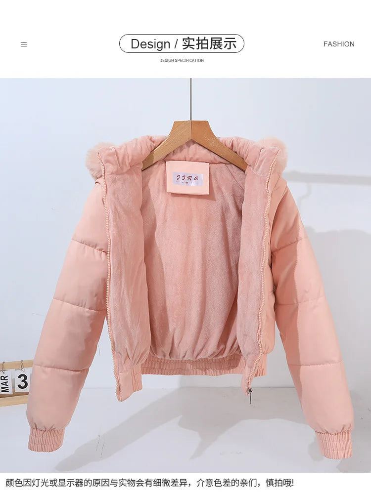 Winter Thickened Short Korean-Style Cotton-Padded Jacket with Fur Collar for Petite Women Warm Coat down Filled
