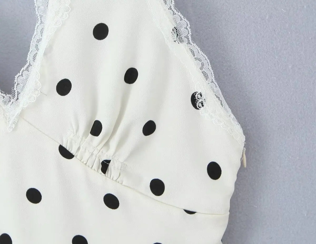 YENKYE Lace Spliced Polka Dot Halter Dress Women Elegant A-line Mini Sexy Backless Dresses Summer Robe 2025