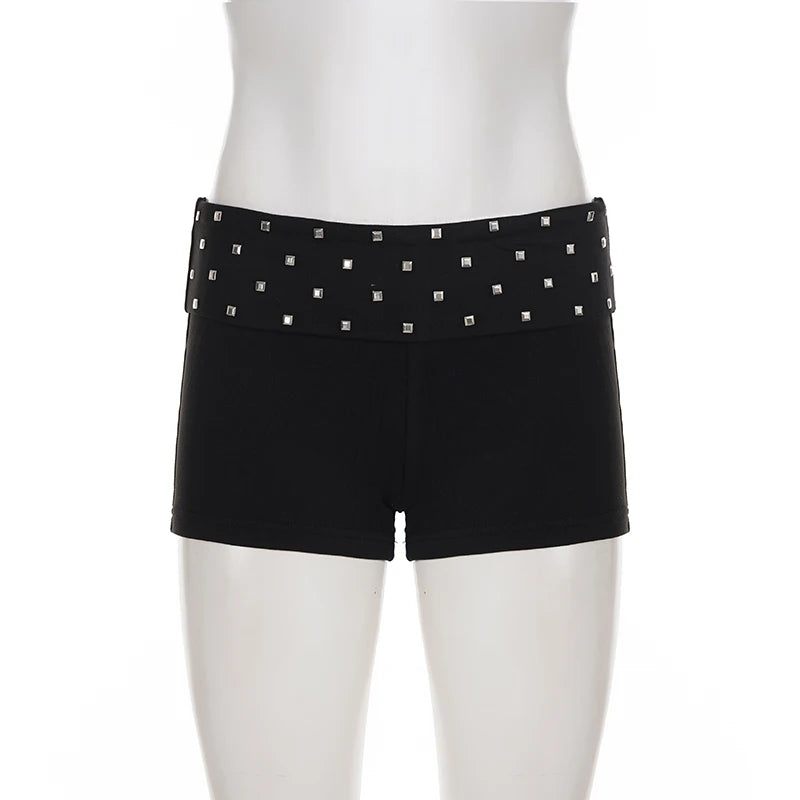 SUCHCUTE Y2k Square Rivet Low-Rise Knit Shorts Pants Streetwear Slim Elastic Shorts Bottoms All Match Casual Loungewear Summer